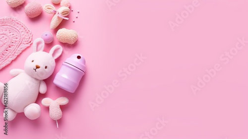 Baby accessories concept. Top view photo of knitted bunny rattle toy giftbox tiny socks teddy-bear toy milk bottle and shiny confetti on isolated pastel pink background with copyspace generative ai