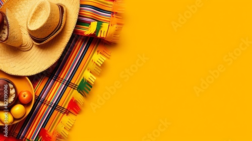 Cinco-de-mayo celebration concept. Top view photo of nacho chips salsa sauce chilli tequila with salt lime sombrero hats colorful serape and maracas on isolated bright yellow background generative ai