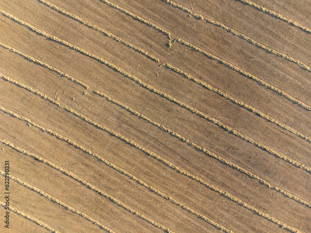 Aerial view of a fresh harvest crop field