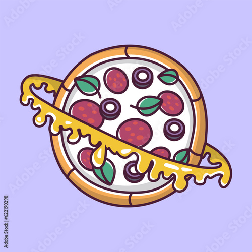 pizza planet with cheese and sausage cartoon style