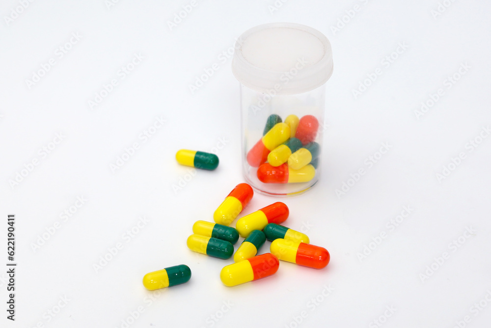 Medicine capsule on white background. Scattered capsules medicine Medicine capsule on white background. Scattered capsules medicine