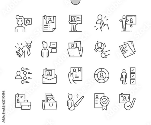 Self presentation. CV and resume. Open vacancy, portfolio, skills. Pixel Perfect Vector Thin Line Icons. Simple Minimal Pictogram
