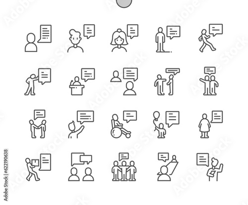 Speaking. Talk, speech, conversation, discussion. Human with speech bubble. Pixel Perfect Vector Thin Line Icons. Simple Minimal Pictogram