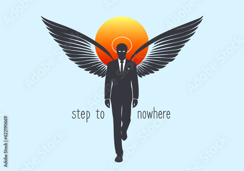 Vector graphic monochrome silhouette of an angel male with a halo and spread wings. Inscription, step to nowhere. Bright sun. Blue isolated background.