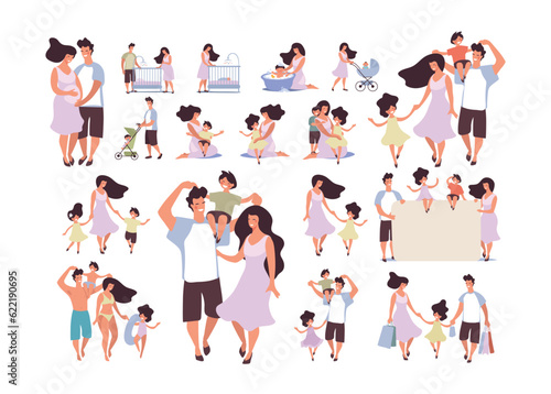 Family set. Young traditional couple with two children, pregnancy, baby sleeping in bed, walking, vacation, bathing. Collection of flat cartoon characters isolated on white background.