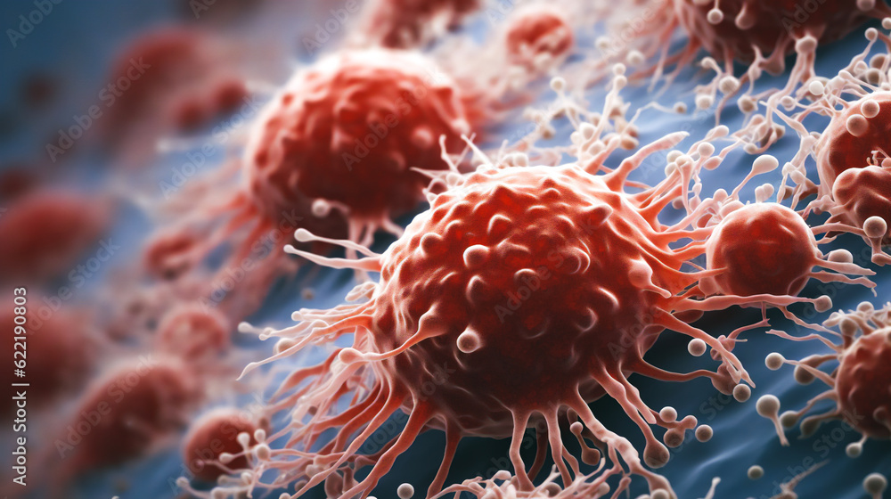The vibrant image showcases a microscopic view of tumor cells in an ...