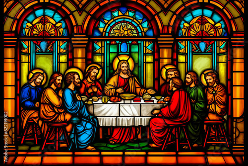 Stunning, vibrant stained-glass depiction of the Last Supper with Jesus and his apostles in a Catholic cathedral. Richly emotional, perfect for catechism education. Generative AI