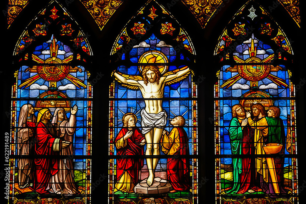 Stunning stained glass scene depicting Jesus's crucifixion in a colorful Catholic cathedral, encapsulating religious life and catechism. Generative AI