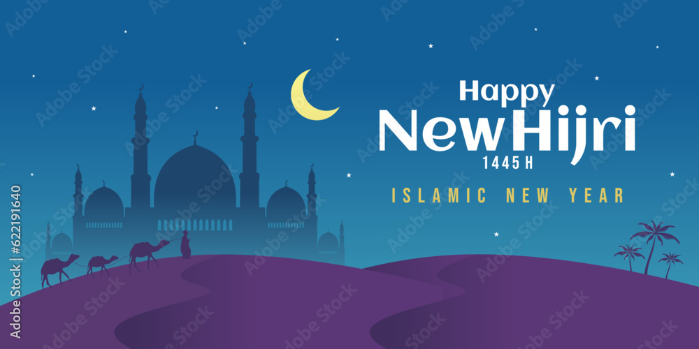 Happy new hijri year 1445 background with moon, star, mosque, arabic letter, people and camel on desert at night. Islamic banner poster. Happy new hijri year 1445 background with moon, star, mosque, arabic letter, people and camel on desert at night. Islamic banner poster.