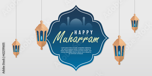 Happy muharram islamic, new, year banner with mosque and big lanterns for islamic background poster.