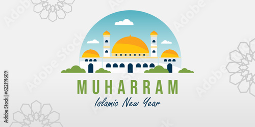 Happy muharram islamic new year banner with cloud, mosque and muslim ornaments isolated on white color for islamic background poster.