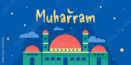 Happy muharram islamic new year banner with moon, star and big mosque for islamic background poster.