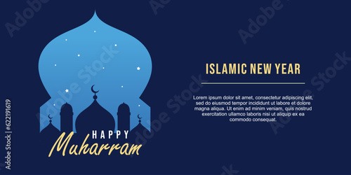 Happy muharram islamic new year banner with mosque, star at night isolated on navy color for islamic background poster.
