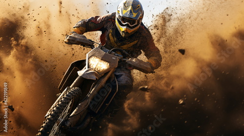 Motocross is an extreme sport that involves high-speed racing on dirt trails. enduro, or racing, the motion and speed of biking is a thrilling display of active fun. Generative AI © Mickael