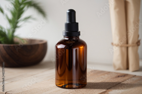 3D realistic skincare dark amber glass bottle on wooden table. Beauty blogging, salon treatment concept, minimalism brand packaging.