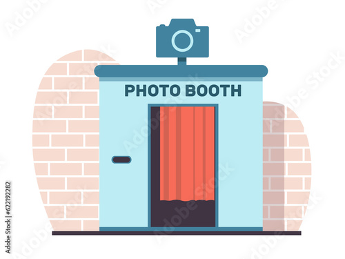 Photo booth for quick photos near brick wall. Digital kiosk for passport, family and wedding photos. Kiosk with red curtains. Photography equipment. Cartoon flat isolated png concept