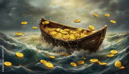 A small wood boat with life savings in gold coins is drifting helplessly in a stormy ocean with copy space