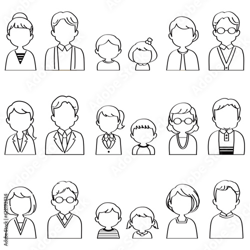 イラスト素材セット：匿名インタビュー表情のない3世代家族（バストアップ/主線あり/白黒/線画）アイコンセット
