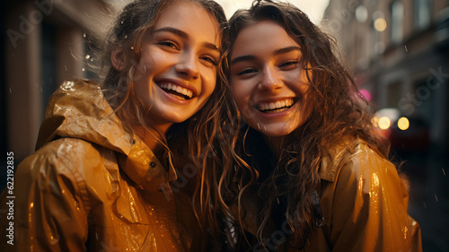 girlfriends have fun in the rain in the city