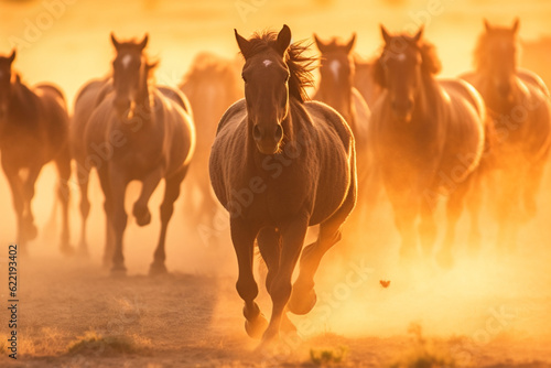 A herd of horses in a field runs in the dust at sunset  stock photography lightining