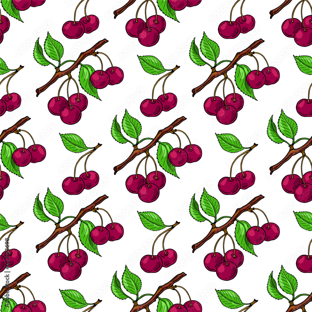 Сherry branch, red cherry and green leaves. Seamless pattern. Vector illustration. Сherry branch, red cherry and green leaves. Seamless pattern. Vector illustration.