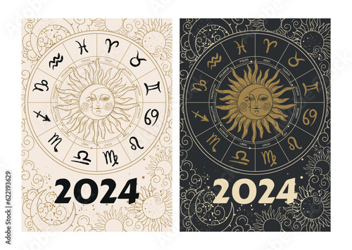 2024 astrology cover for diary, calendar. Sun and moon with face, zodiac wheel with 12 horoscope symbols. Mystical vector print.