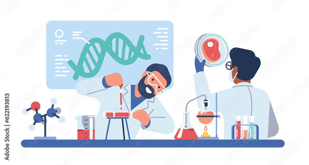 Laboratory technicians artificially grow raw meat from animal cells in petri dishes and flasks. Science or medical workers in lab. Medical tests. Cartoon flat isolated png concept