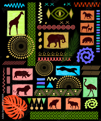 African patterns and leaves with animals  silhouettes on black background. Vector illustration