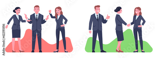 Business mediator finds compromise and stops conflict. Happy and angry businessman, Agreement on meeting. People handshake. Cartoon flat isolated illustration. png communication concept