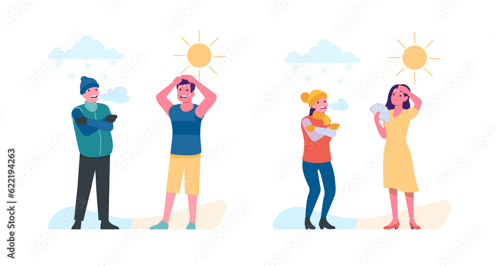 Fototapeta premium People on cold and heat. Frosty or warm. Hot days. Man in beach clothes. Sweat from heatstroke. Woman in jacket and hat. Shivering from freeze. Summer and winter weather. png concept