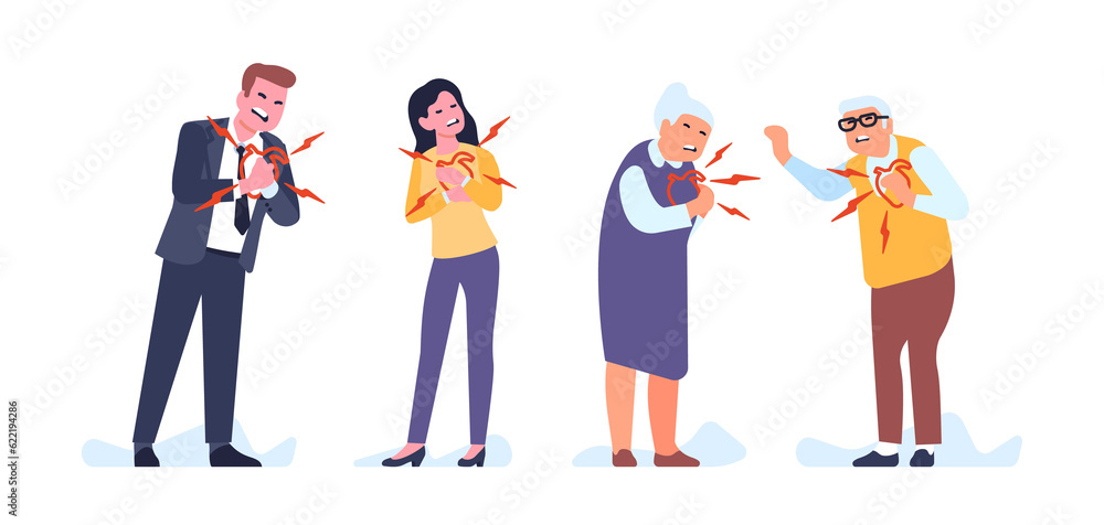 Obraz premium Men and women experience chest sharp pain. Heart attack. Cardiovascular disease. Young and senior people hypertension illness. Infarction symptom. Arrhythmia and pressure. png concept