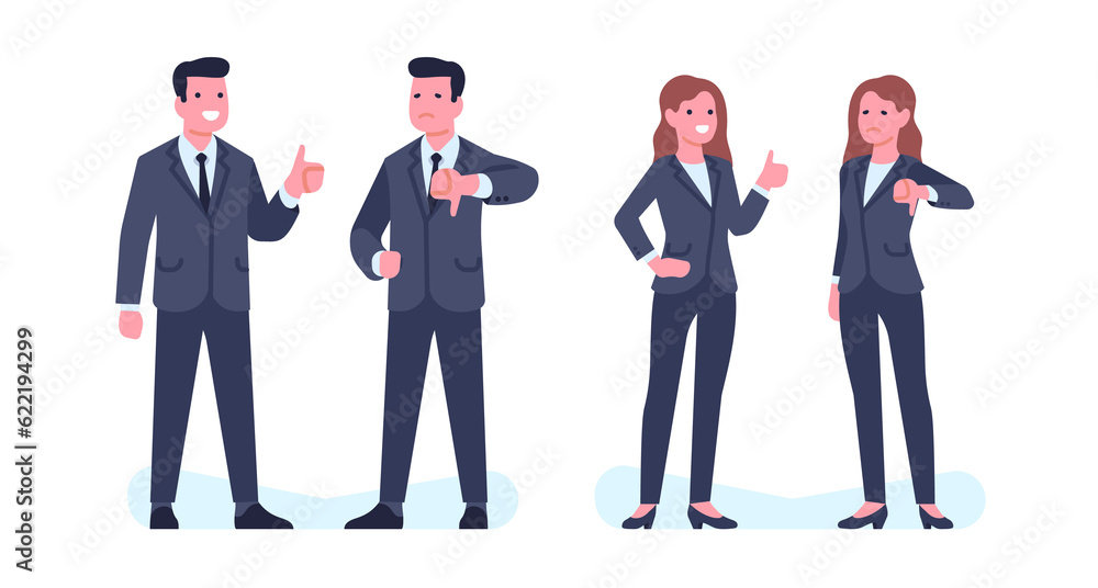 Concept of like and dislike, men and women show gestures of approval and disapproval. Happy and sad characters on white background. Cartoon flat style isolated png business people set Concept of like and dislike, men and women show gestures of approval and disapproval. Happy and sad characters on white background. Cartoon flat style isolated png business people set