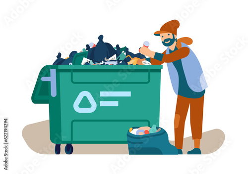 Beggar man looks in dumpster for food. Homeless people rummaging through trash. Jobless male character. Social problem in city, refugees begging cartoon flat isolated png concept photo