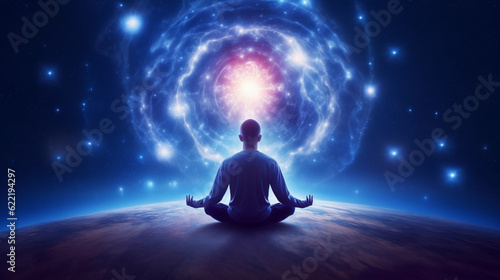 A person meditating in a cosmic space with stars in the background