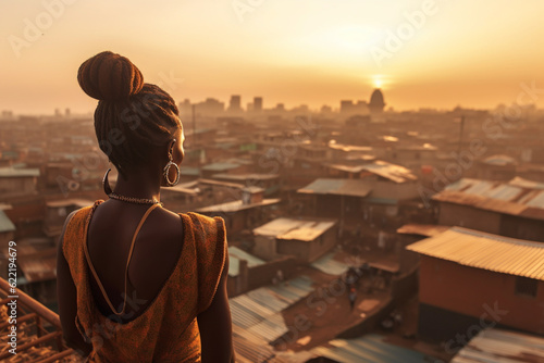 A rear view of a young African woman on a rooftop looking at the city landscape