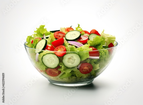 Green salad with tomato and fresh vegetables isolated on white background. Created with Generative AI technology.