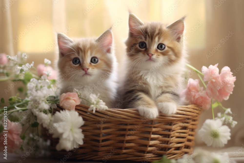 A Three striped kittens are sitting in a basket with spring flowers , soft lightinig