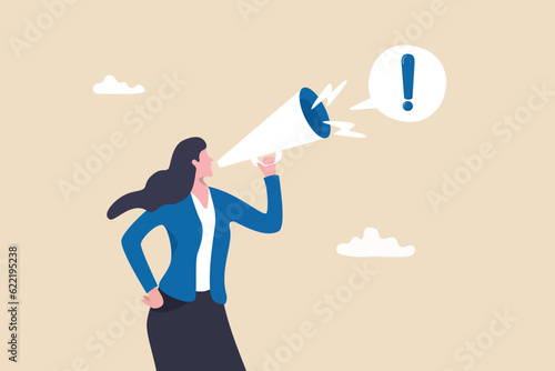 Attention announcement, important message or communicate broadcasting, loudspeaker or exclamation point loud voice concept, confidence businesswoman talking on megaphone with exclamation attention. photo