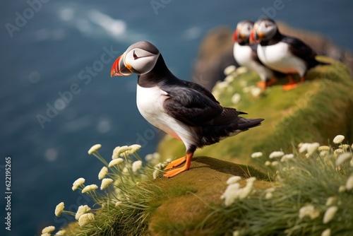 a pair of puffins sitting on a cliff together, great saltee island, ireland, europe