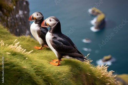 a pair of puffins sitting on a cliff together, great saltee island, ireland, europe photo