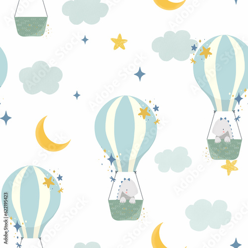 Beautiful kids seamless pattern with hand drawn cute dinosaurs flying on air balloons with stars and clouds. Stock illustration. photo