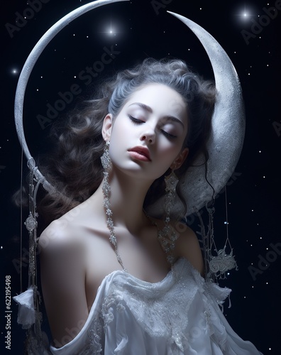 Tablou pe pânză A beautiful and mysterious woman stands tall, her gothic dark dress and striking moon headdress captivating the senses and evoking a feeling of mystery