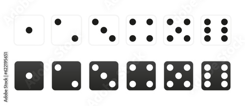 Dice. Vector die game icons. Casino cubes. Set of black flat cubes with dots from one to six. Cramps play, gambling and Vegas pictograms for web. Cartoon clipart of random, chance. Vector illustration