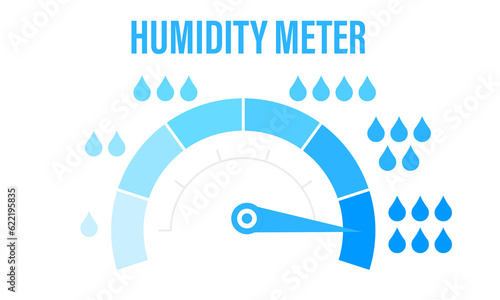 Humidity meter. Measuring dashboard with arrow and water drops with different levels of liquid. Hygrometer visualization. Climate control tool on white background. Water level. Vector illustration