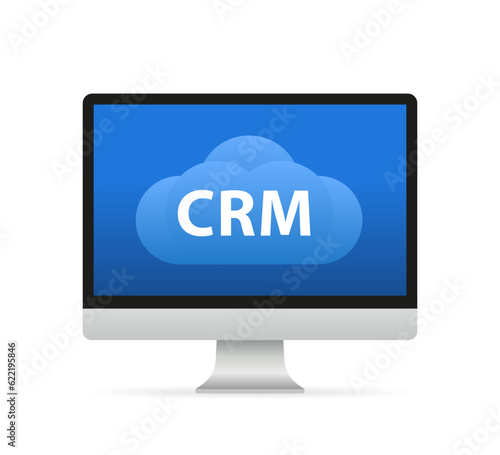 CRM concept design with a cloud. Flat icons of accounting system, planning tasks, support, deal. Organization of data on work with clients, Customer Relationship Management. Vector illustration
