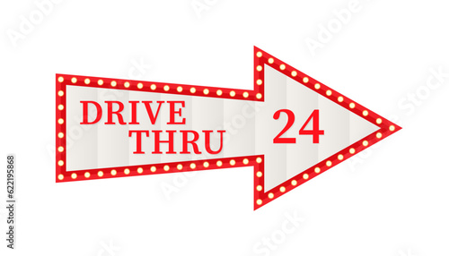 Retro signboard, indicating, "Drive Thru", isolated, on white background. The font is hand drawn, in the style of lettering. Vector illustration