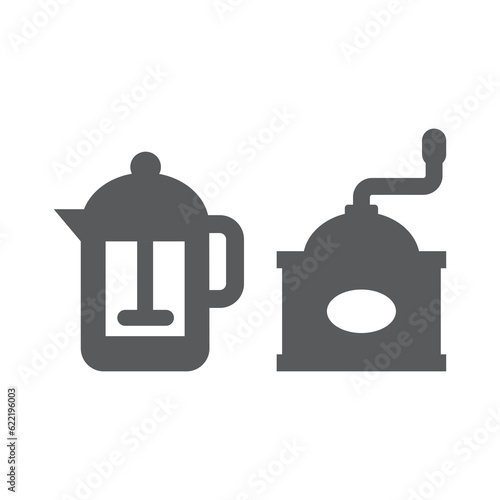 Retro coffee grinder and French press icons. Vintage coffee maker and mill vector icon set.