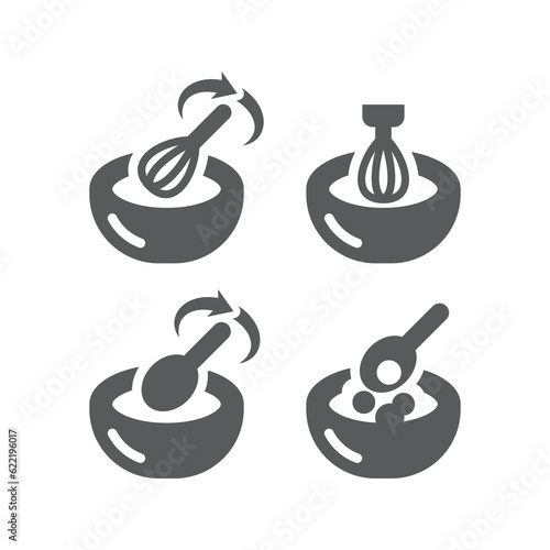 Mixing food bowl, stir with whisk or egg beater. Mixer, adding ingredients, cooking vector icon set.