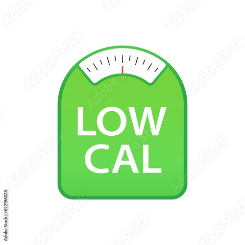 Zero calorie badge for diet food labeling - 0 kcal, energy fire, weight scales. Low cal. Green graphic weight and calory scale concept. Healthy eating banner. Vector illustration