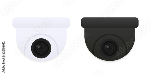 Observation Camera Ceiling. CCTV Camera. Black Video surveillance sign. Warning. Security video. Closed Circuit Television. White and black camera. Vector illustration